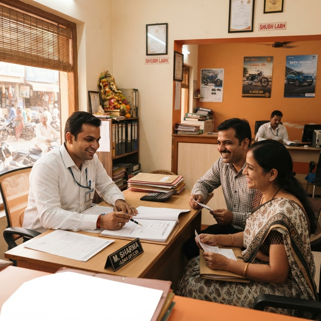 Loan officer at Hare Krishna Finance explaining loan documents to a customer couple in the Korba office