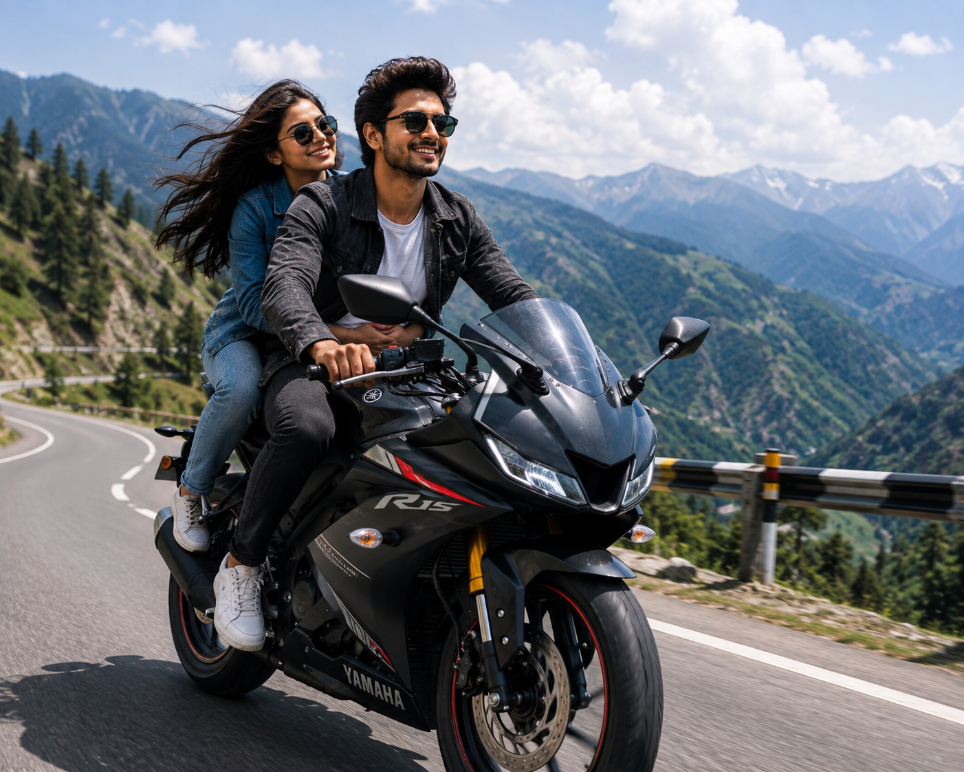 Young couple on a financed motorcycle in the mountains