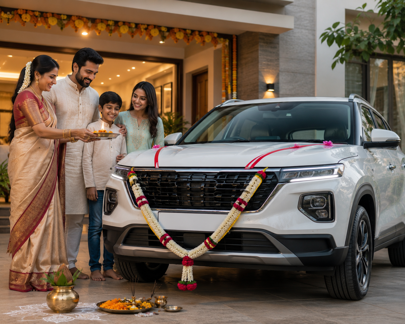 Indian family celebrating with their new SUV bought with a Hare Krishna Finance car loan