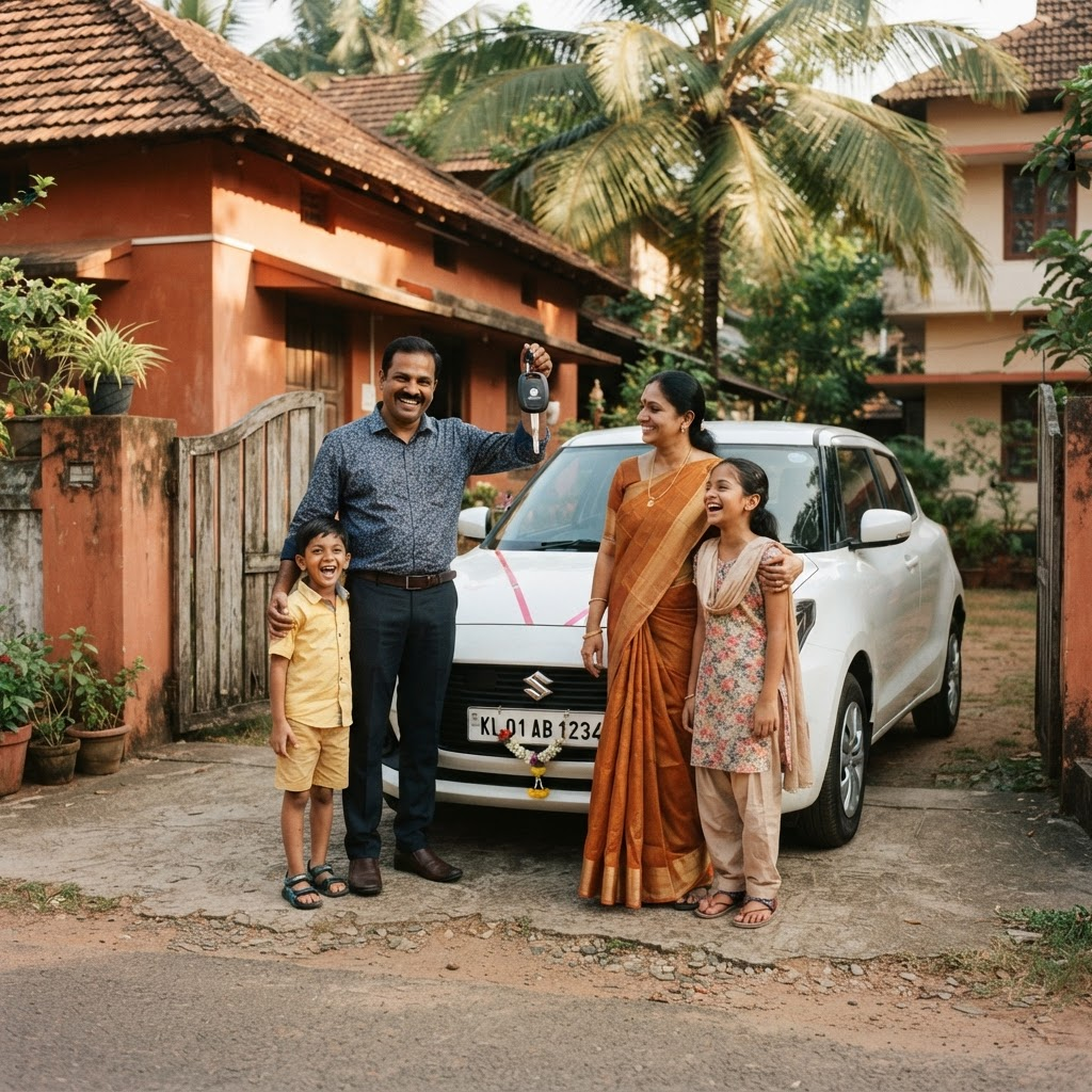 Indian family of four standing happily beside their newly financed hatchback car