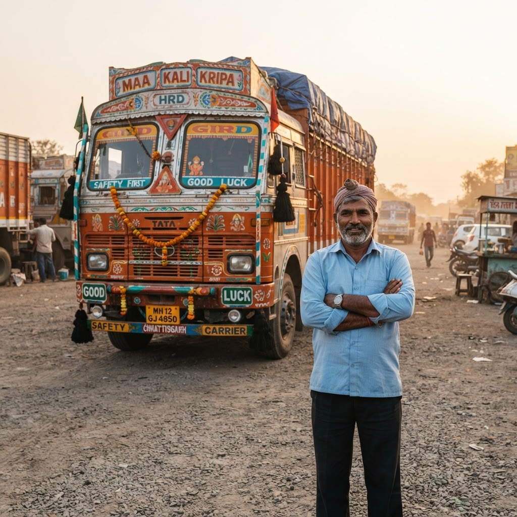 Indian transport business owner standing in front of his financed goods carrier truck