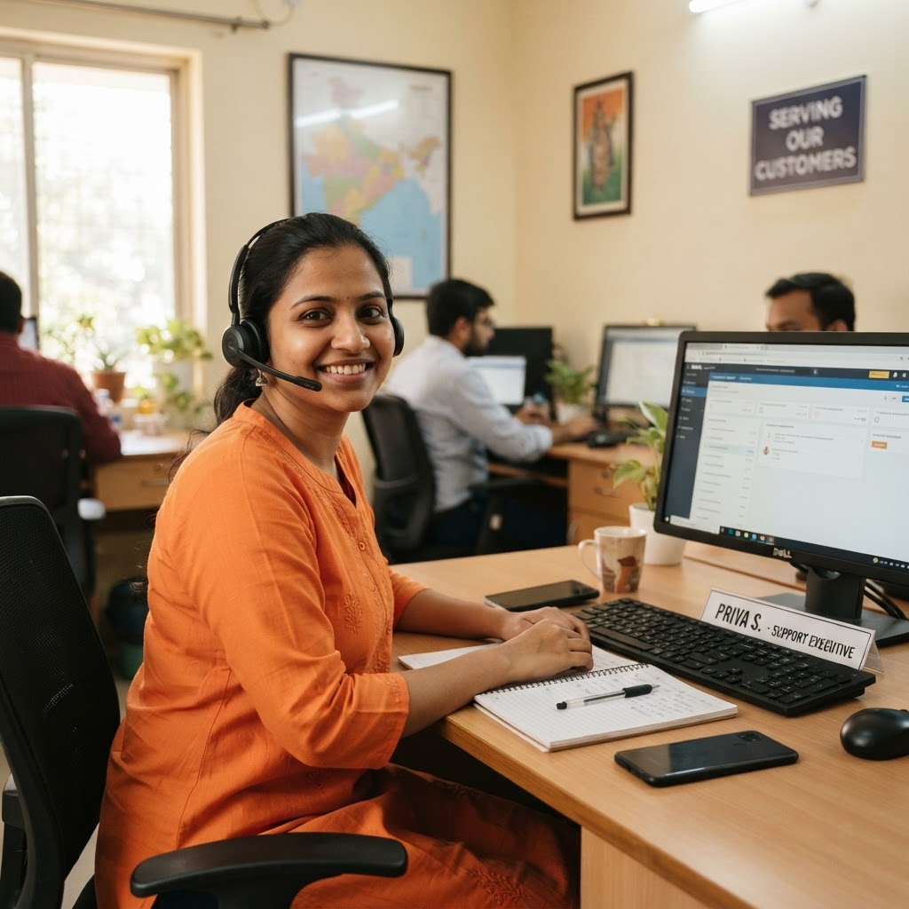 Customer support executive at Hare Krishna Finance ready to answer loan enquiries
