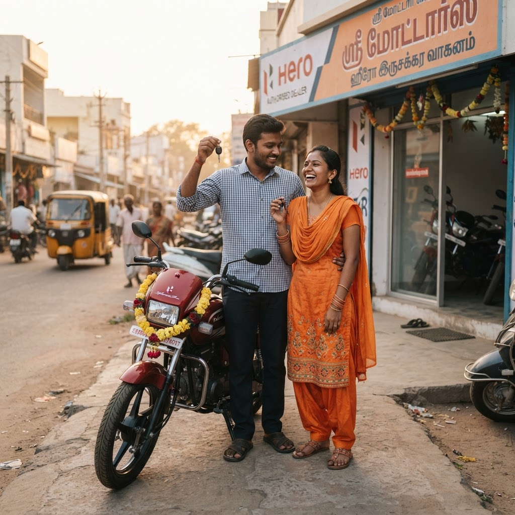 Young Indian couple receiving the keys to their new motorcycle financed by Hare Krishna Finance