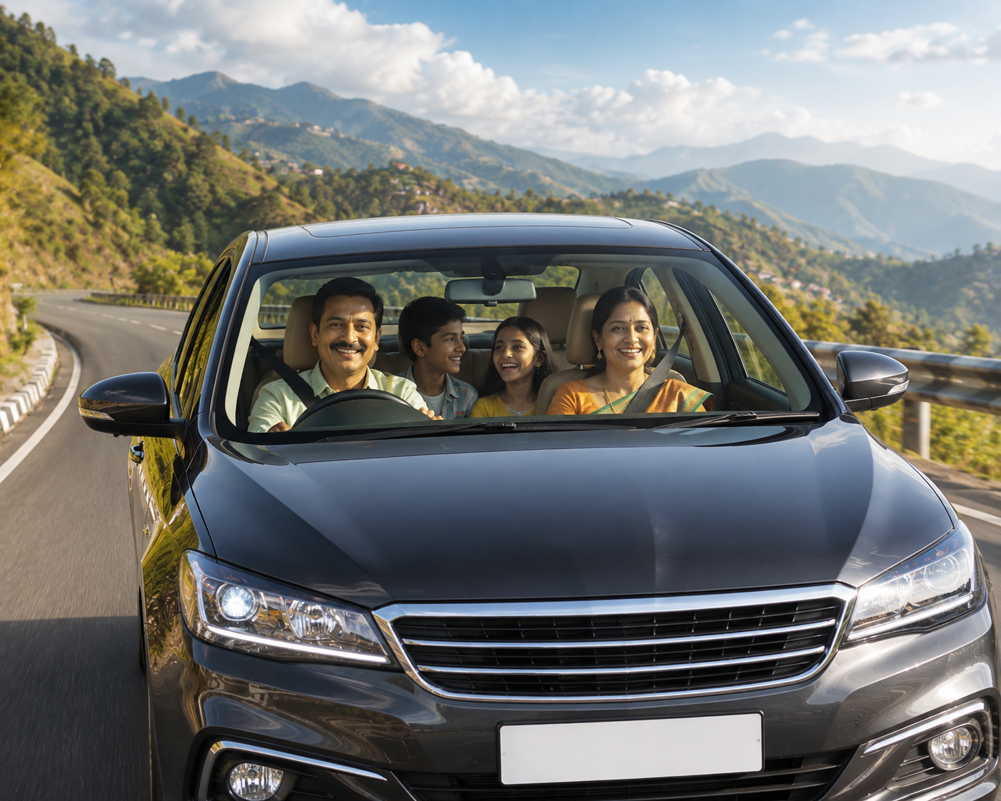 Indian family with their refinanced car on a mountain road
